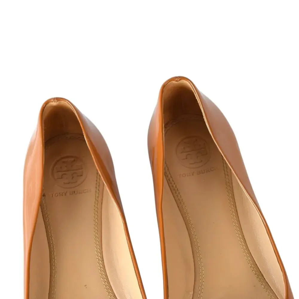 Tory Burch Chelsea Ballet Flats - Umber Tan Patent Leather Logo Medallion 6.5M